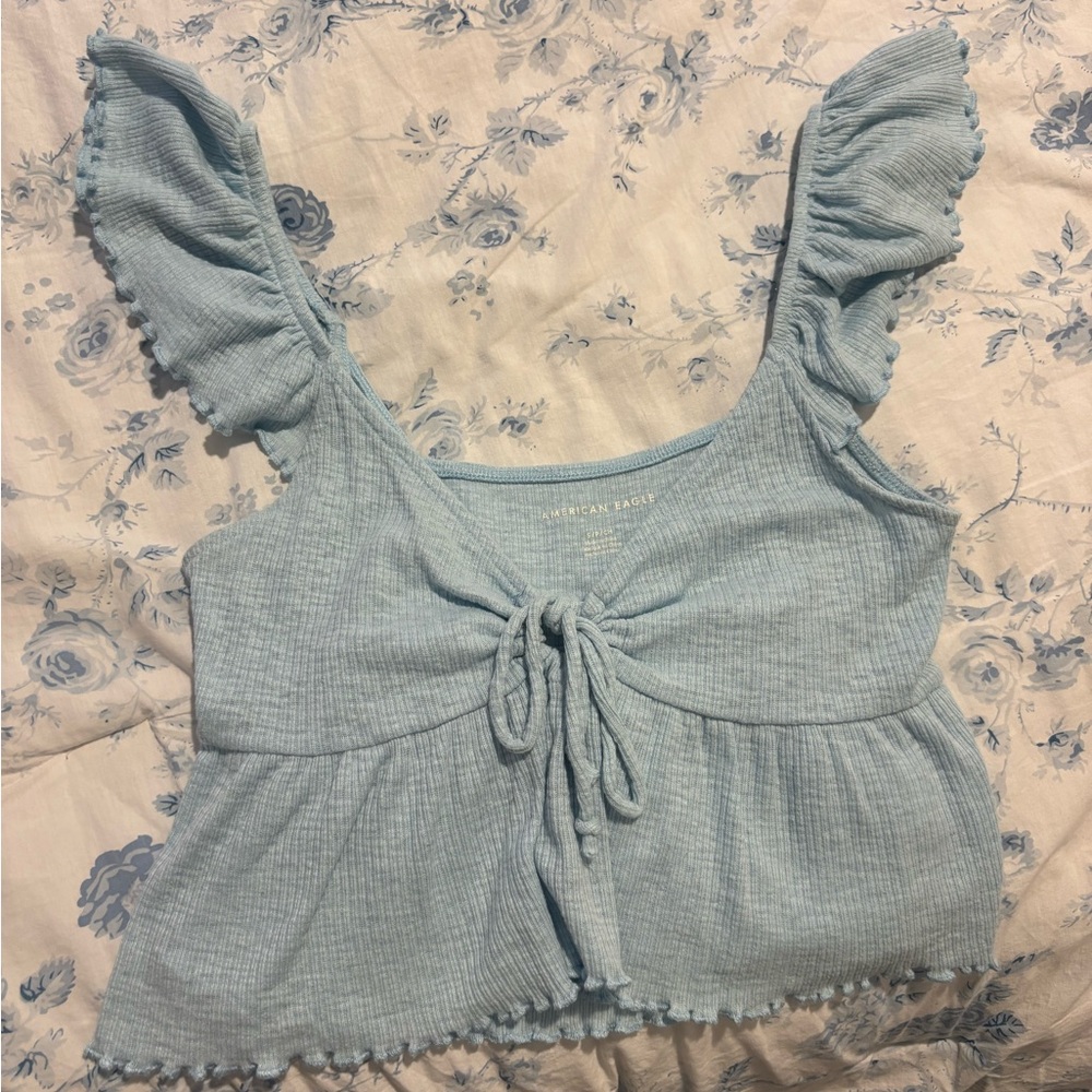 American Eagle Outfitters Sky Blue Ruffle Crop Top